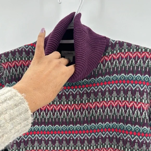 L.L. Bean Turtleneck Cotton Cashmere Sweater Purple Red Fair Isle cozy warm - Picture 3 of 7